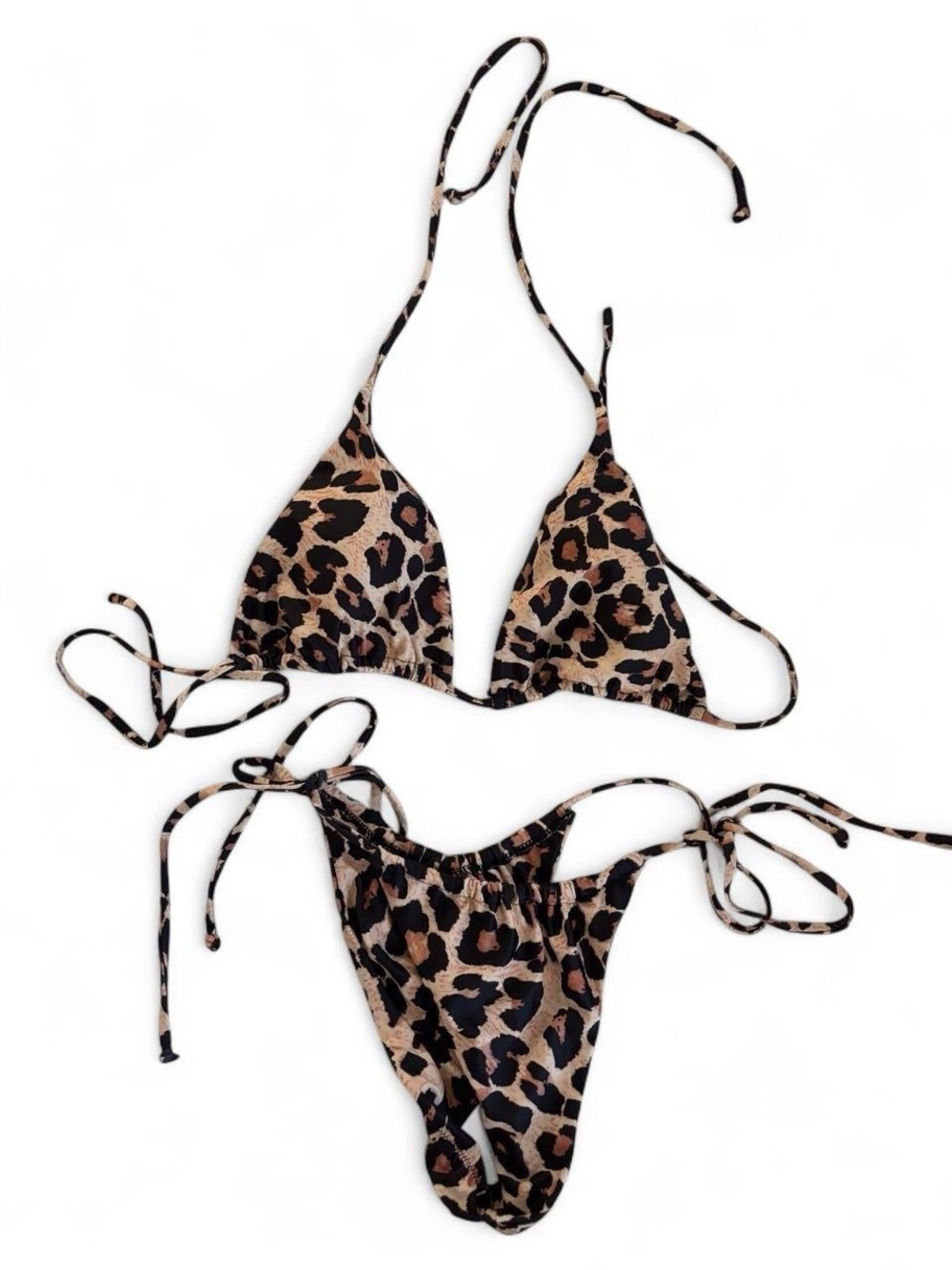 Leopard Print Triangle String Bikini Top and Bottom Set